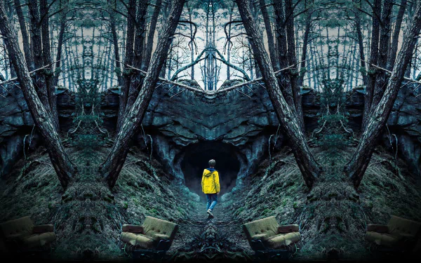 4K Ultra HD PC wallpaper featuring a person in a yellow raincoat standing at the entrance of a dark cave surrounded by a dense, eerie forest, inspired by the TV show Dark.