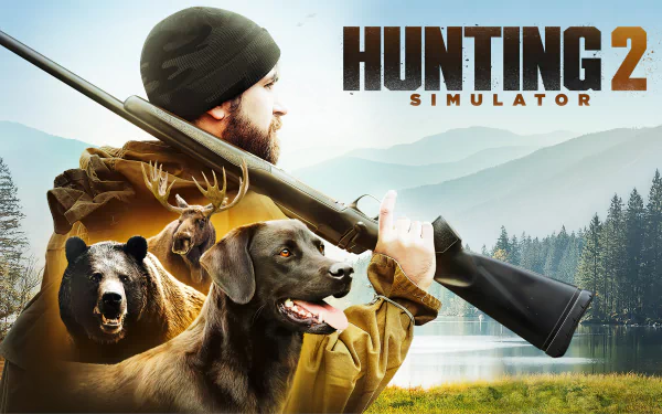 HD desktop wallpaper for Hunting Simulator 2, featuring a hunter with a rifle, a dog, and a bear in a forest landscape.