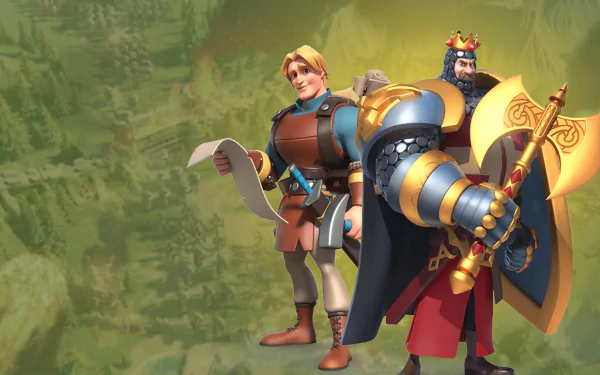 HD desktop wallpaper featuring characters from Rise of Kingdoms poised for battle against a green background.