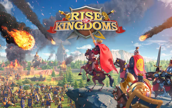 HD desktop wallpaper of Rise of Kingdoms game featuring epic battles and fiery sieges against a vibrant landscape.