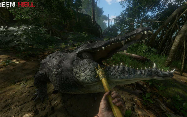 HD desktop wallpaper from Green Hell featuring a close encounter with a crocodile in a lush jungle environment.