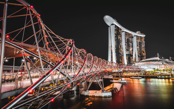 Helix Bridge building Singapore night man made Marina Bay Sands HD Desktop Wallpaper | Background Image