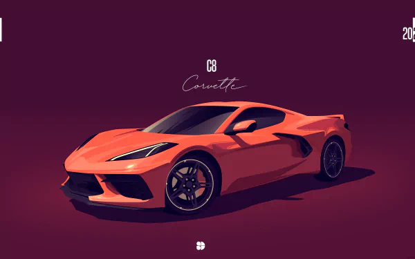 HD desktop wallpaper featuring an orange Chevrolet Corvette C8 on a deep purple background.