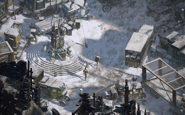 HD desktop wallpaper from Disco Elysium depicting a snowy urban scene with a character in the center.