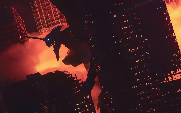 HD desktop wallpaper featuring Evangelion Unit-01 from the anime Neon Genesis Evangelion. The image showcases the mecha amidst a fiery backdrop with towering structures.