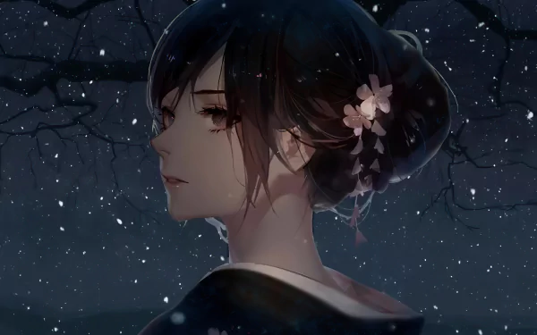 Anime artwork of a geisha in a dark kimono, standing under a tree with falling snowflakes. Her hair is adorned with pink flowers. HD desktop wallpaper and background.