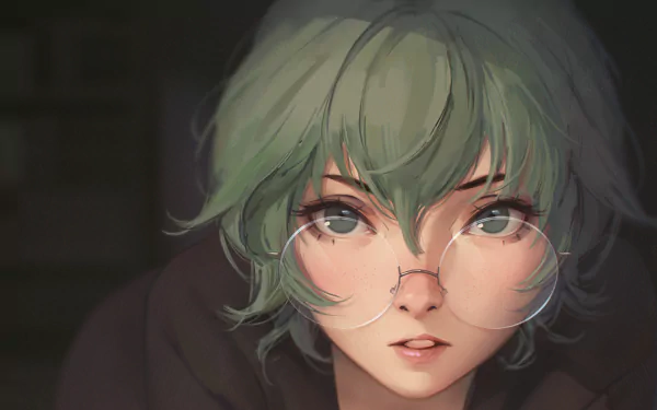 HD anime desktop wallpaper featuring Eto Yoshimura from Tokyo Ghoul:re, showcasing her with green hair, round glasses, and a focused expression.
