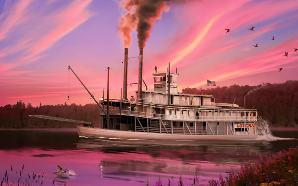 HD desktop wallpaper of a steamboat gliding across calm waters at sunset, with vibrant pink and purple skies and birds flying nearby.