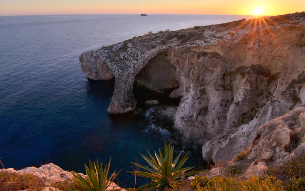 4K Ultra HD PC desktop wallpaper of Malta coastline at sunset: rugged sea cliffs and arches over deep blue water, coastal plants in foreground, warm sunburst on the horizon.