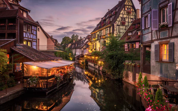 cafe canal evening France man made Colmar HD Desktop Wallpaper | Background Image