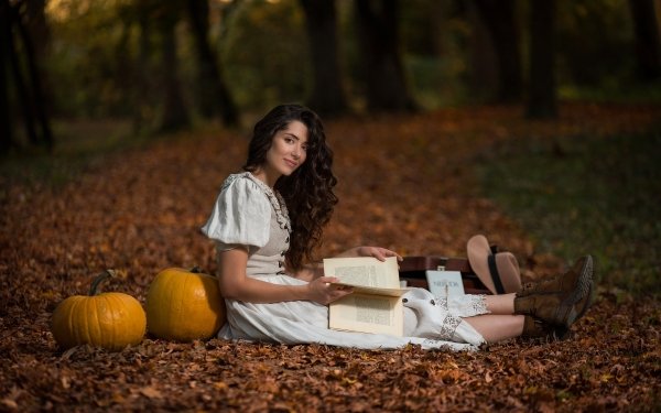 Women Mood Book Pumpkin Fall HD Wallpaper | Background Image