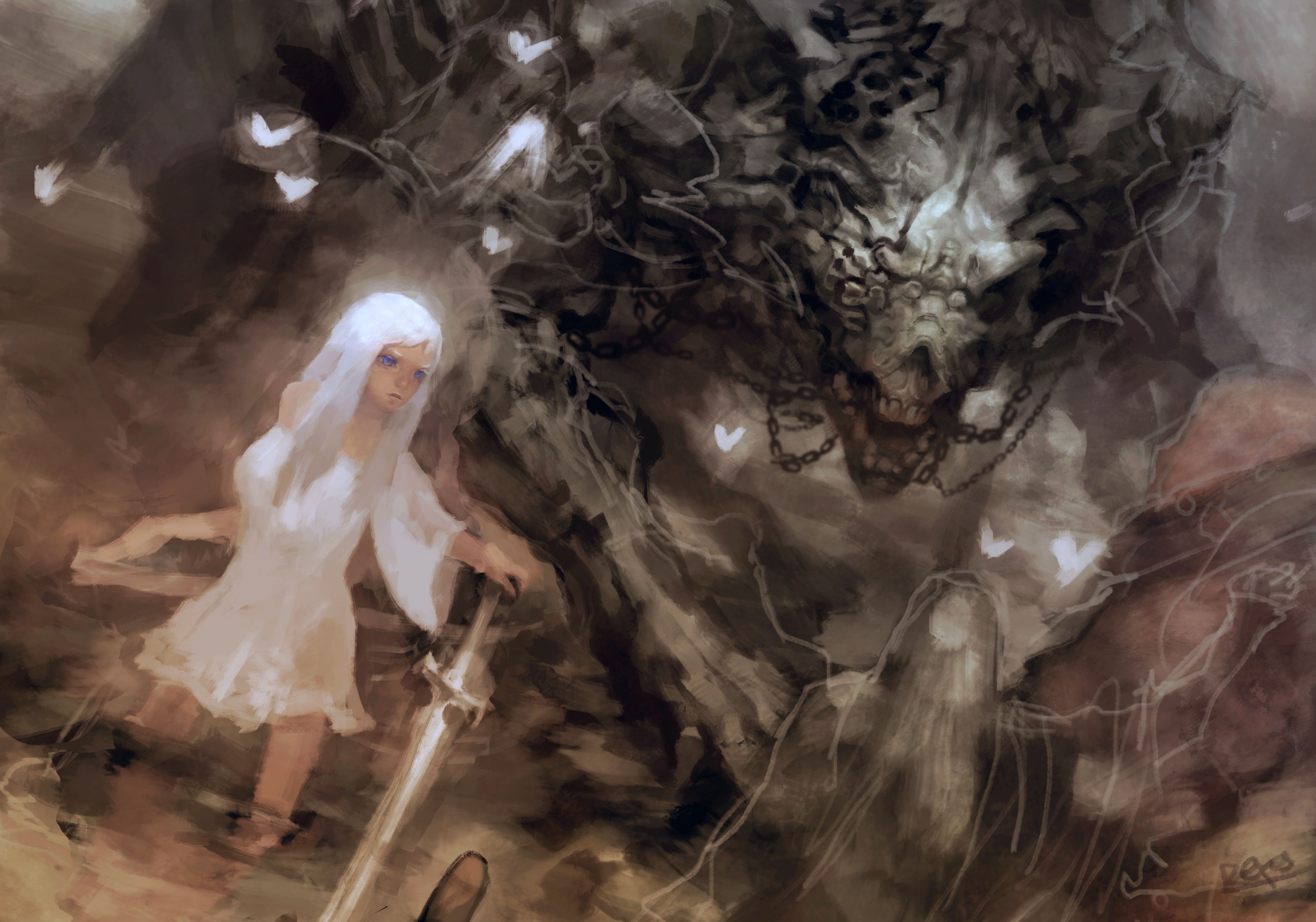 Download Demon Sword White Hair Woman Warrior Fantasy 4k Ultra HD ...