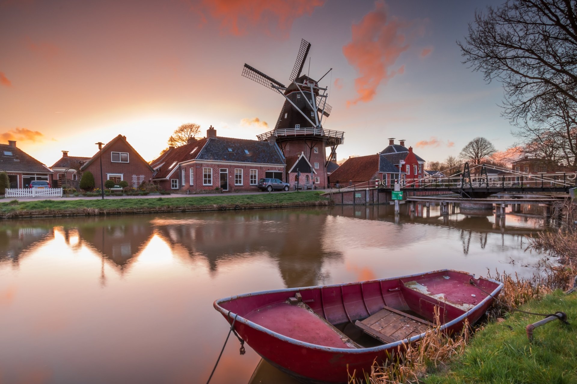 Download Groningen Netherlands Boat River Bridge Man Made Windmill 4k Ultra HD Wallpaper
