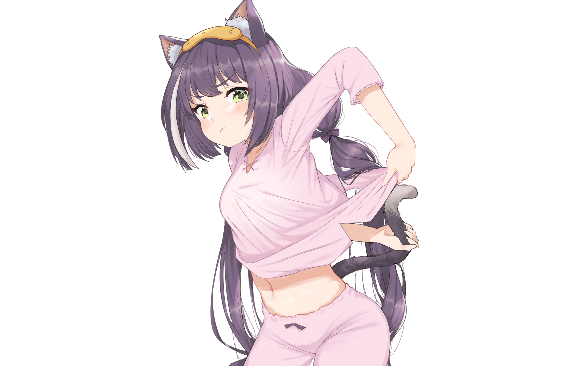 HD PC wallpaper of Karyl Momochi from Princess Connect! Re:Dive with long purple hair, green eyes, and animal ears, wearing a pink outfit.