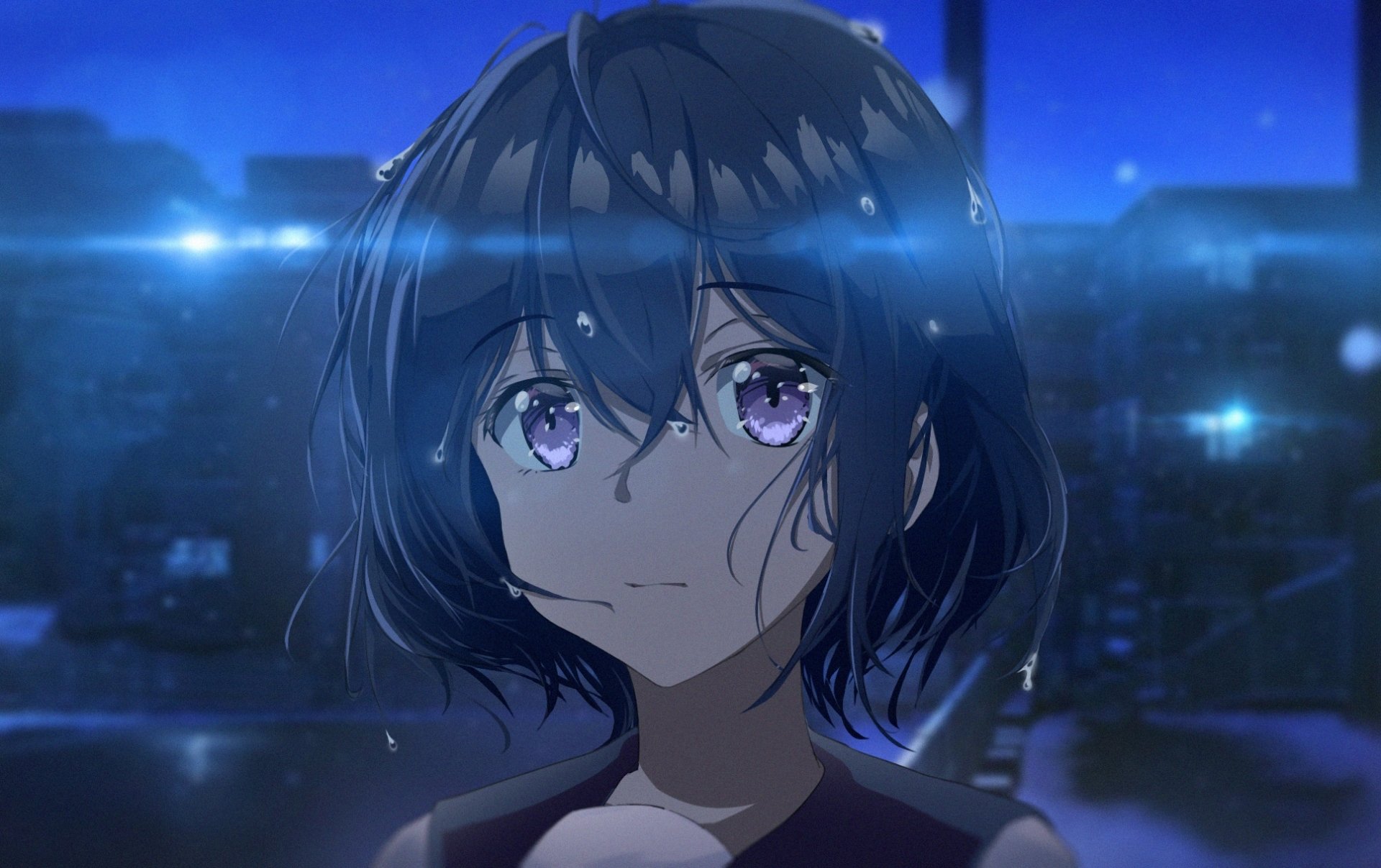 HD anime desktop wallpaper featuring an original character with short black hair and purple eyes, set against a glowing cityscape at night.