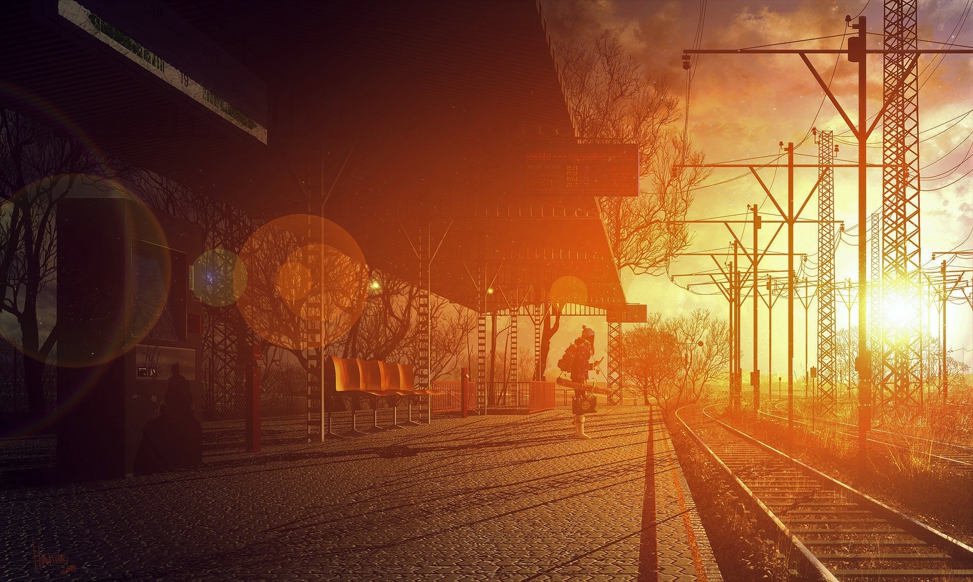 HD anime-style desktop wallpaper showing an atmospheric train station bathed in warm sunlight, casting long shadows on the railroad tracks.