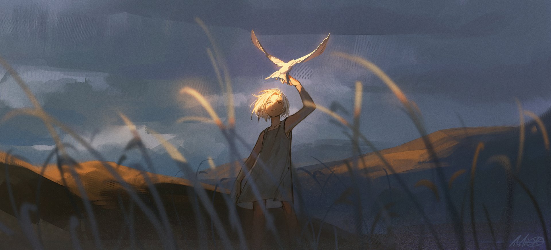 Anime girl with white hair and a flowing dress gently reaching toward a glowing bird against a moody, dusk-lit landscape in this HD PC desktop wallpaper.
