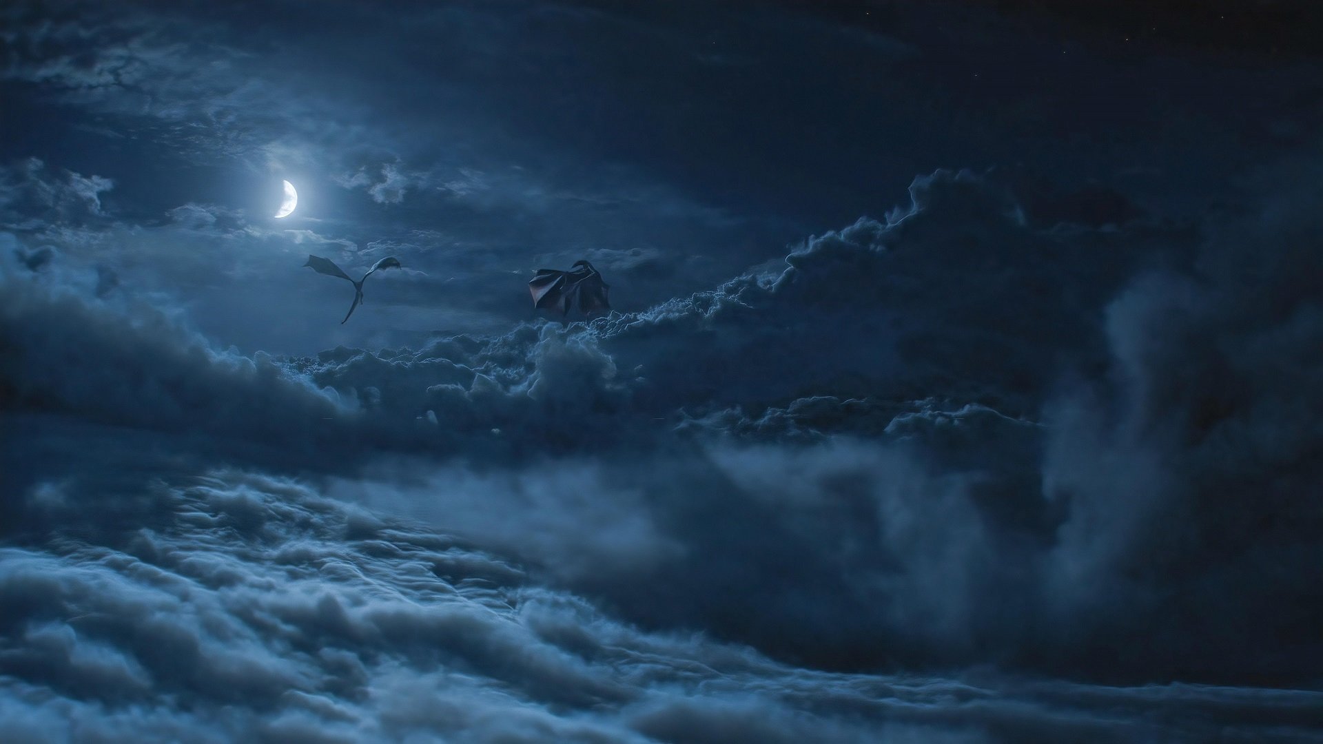 HD PC desktop wallpaper featuring a dark, cloudy night sky with dragons flying, inspired by the video game Game of Thrones - A Telltale Games Series.