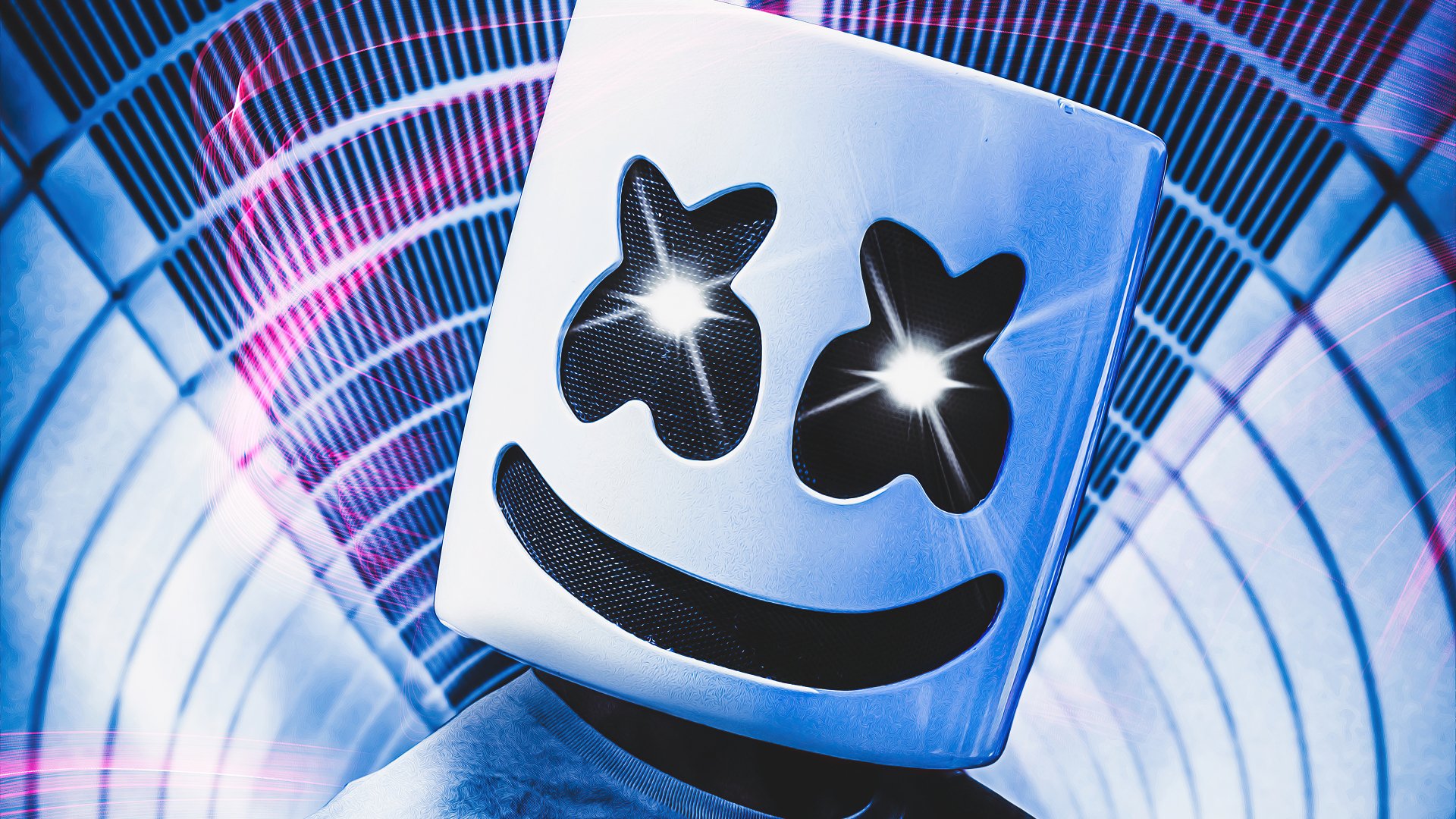 Masked DJ with marshmallow-style helmet and X-shaped eyes before a neon tunnel — vibrant 4K Ultra HD music-themed PC desktop wallpaper.