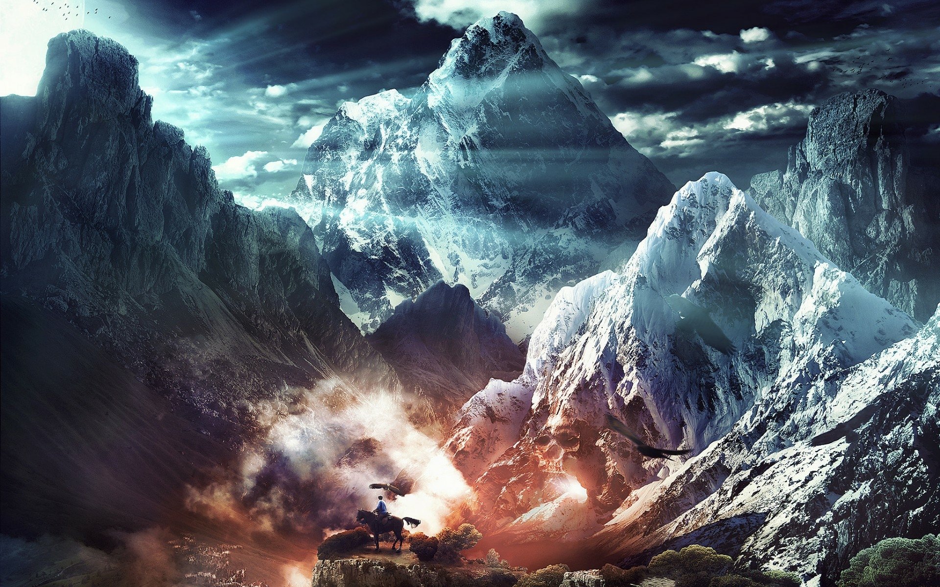 HD PC desktop wallpaper: fantasy landscape of towering snow‑capped mountains under a stormy sky, a glowing fiery valley with smoke and a distant silhouette.