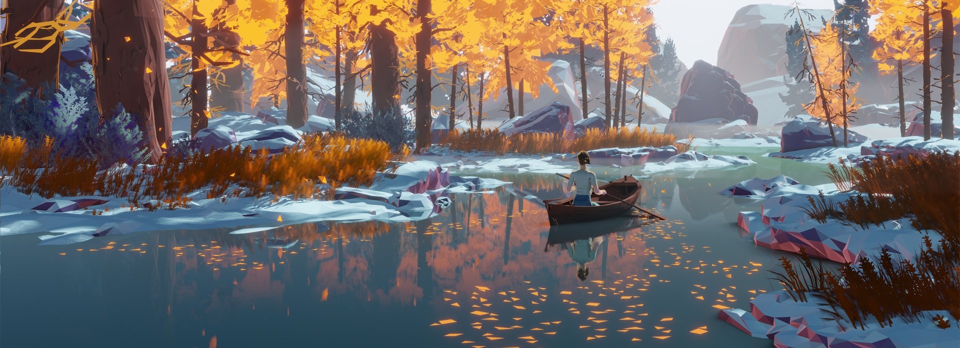 A serene winter anime scene showcasing a person rowing a boat on a tranquil lake amidst a beautiful, snowy forest. Vibrant autumn-colored foliage adds a striking contrast. HD desktop wallpaper and background.