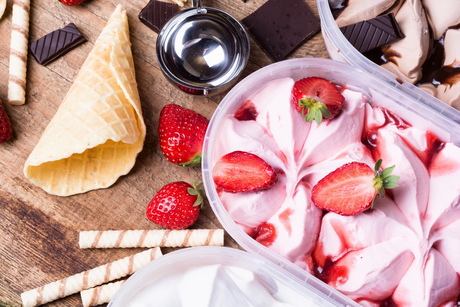 Download Strawberry Still Life Waffle Cone Food Ice Cream 4k Ultra HD Wallpaper