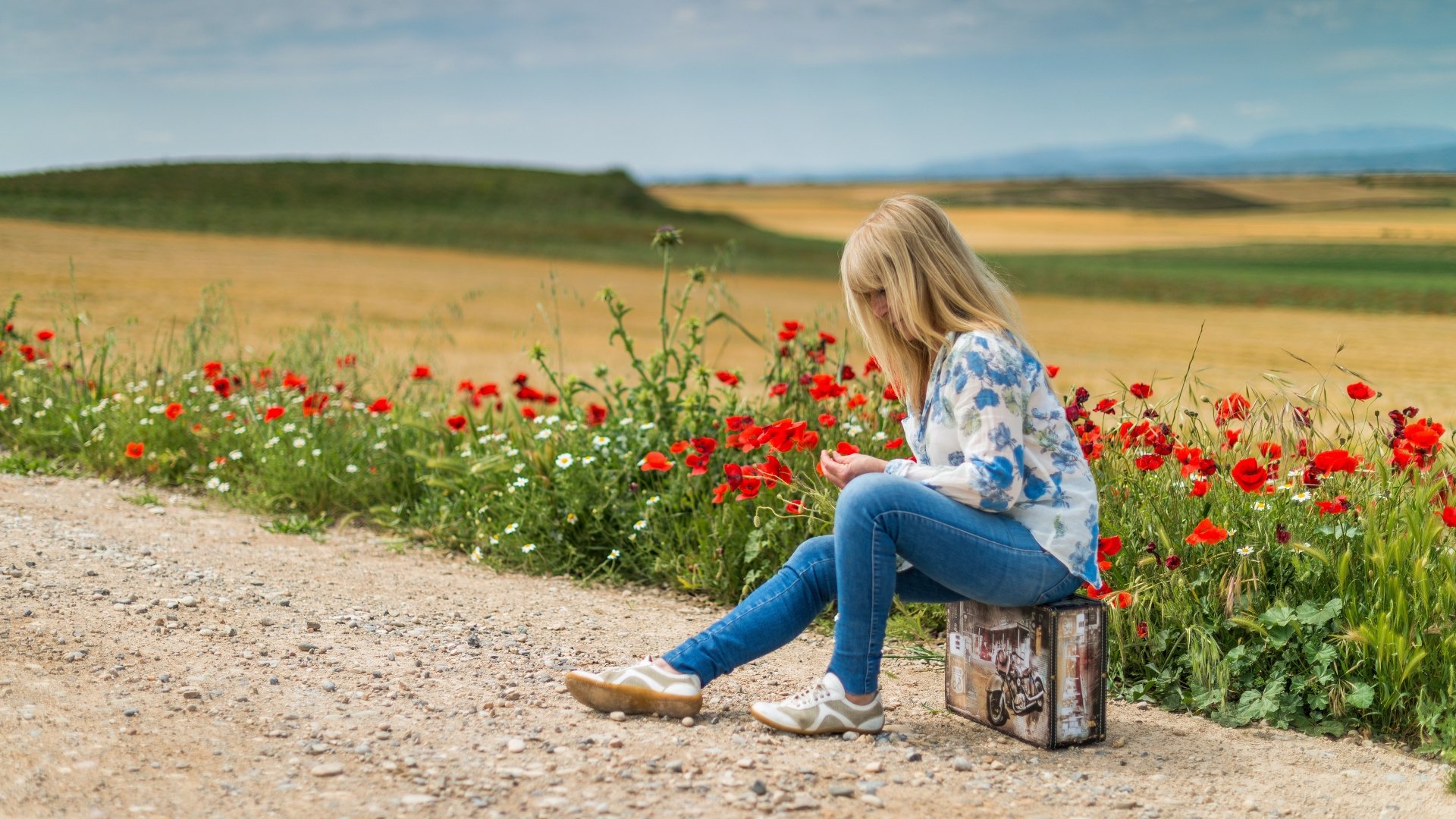 Download Suitcase Blonde Jeans Poppy Flower Field Woman Mood 4k Ultra HD Wallpaper