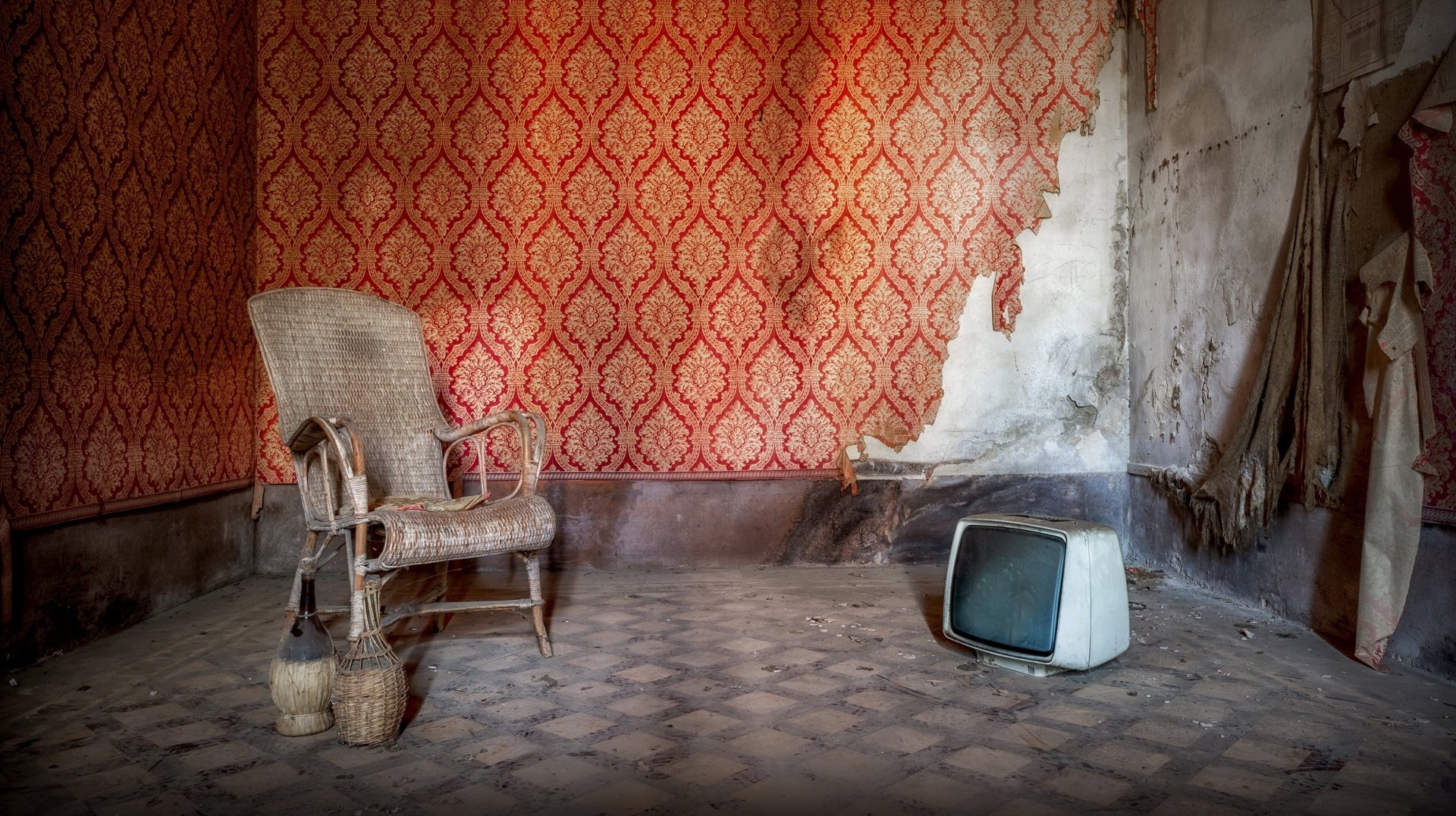 Download Abandoned Bottle TV Set Armchair Man Made Room HD Wallpaper