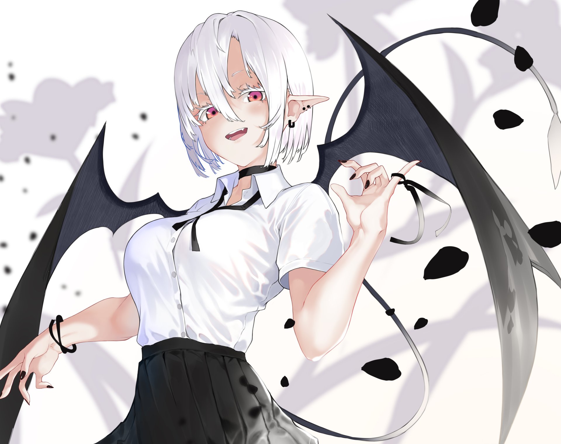 Anime-style original character with white hair, red eyes, and black wings, rendered in 4K Ultra HD for a striking PC desktop wallpaper and background.