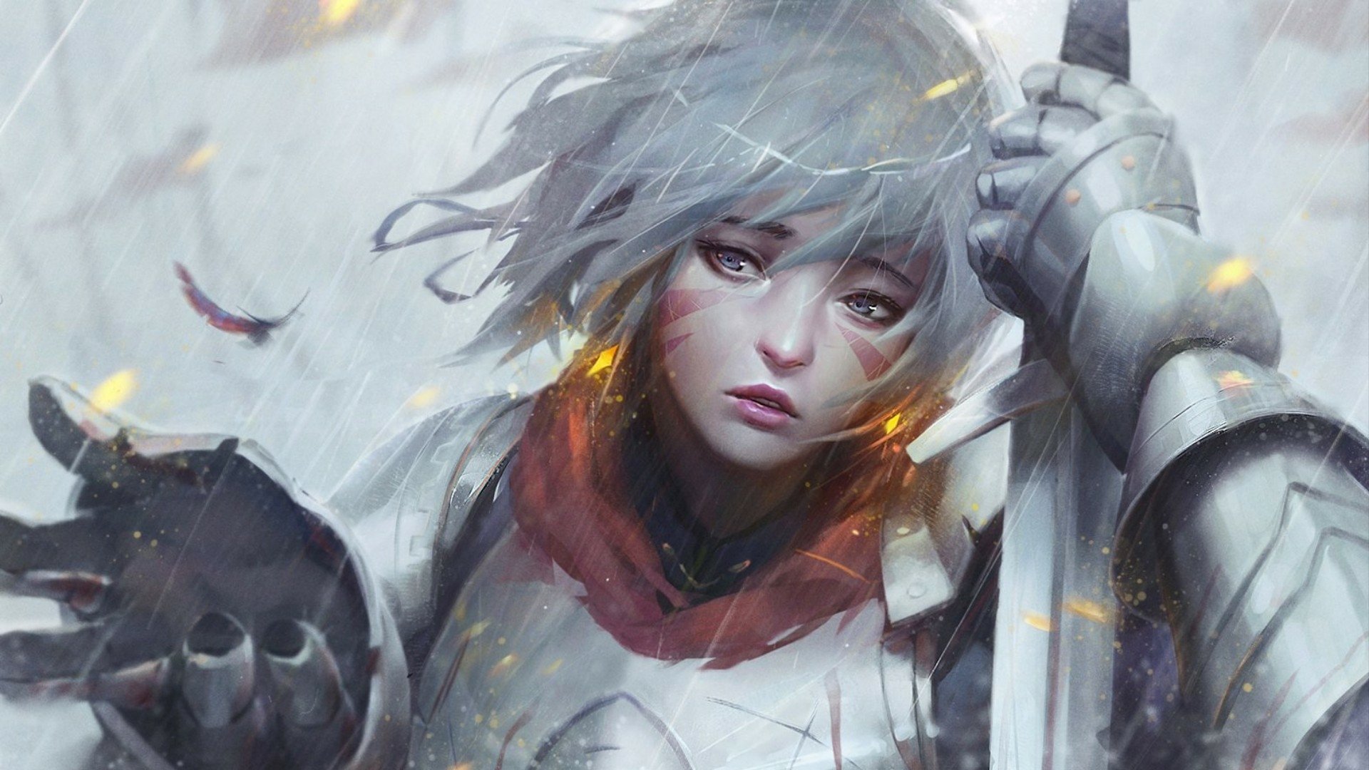 HD fantasy PC wallpaper featuring a woman warrior with silver hair and armor, holding a sword amidst a dramatic, stormy backdrop.