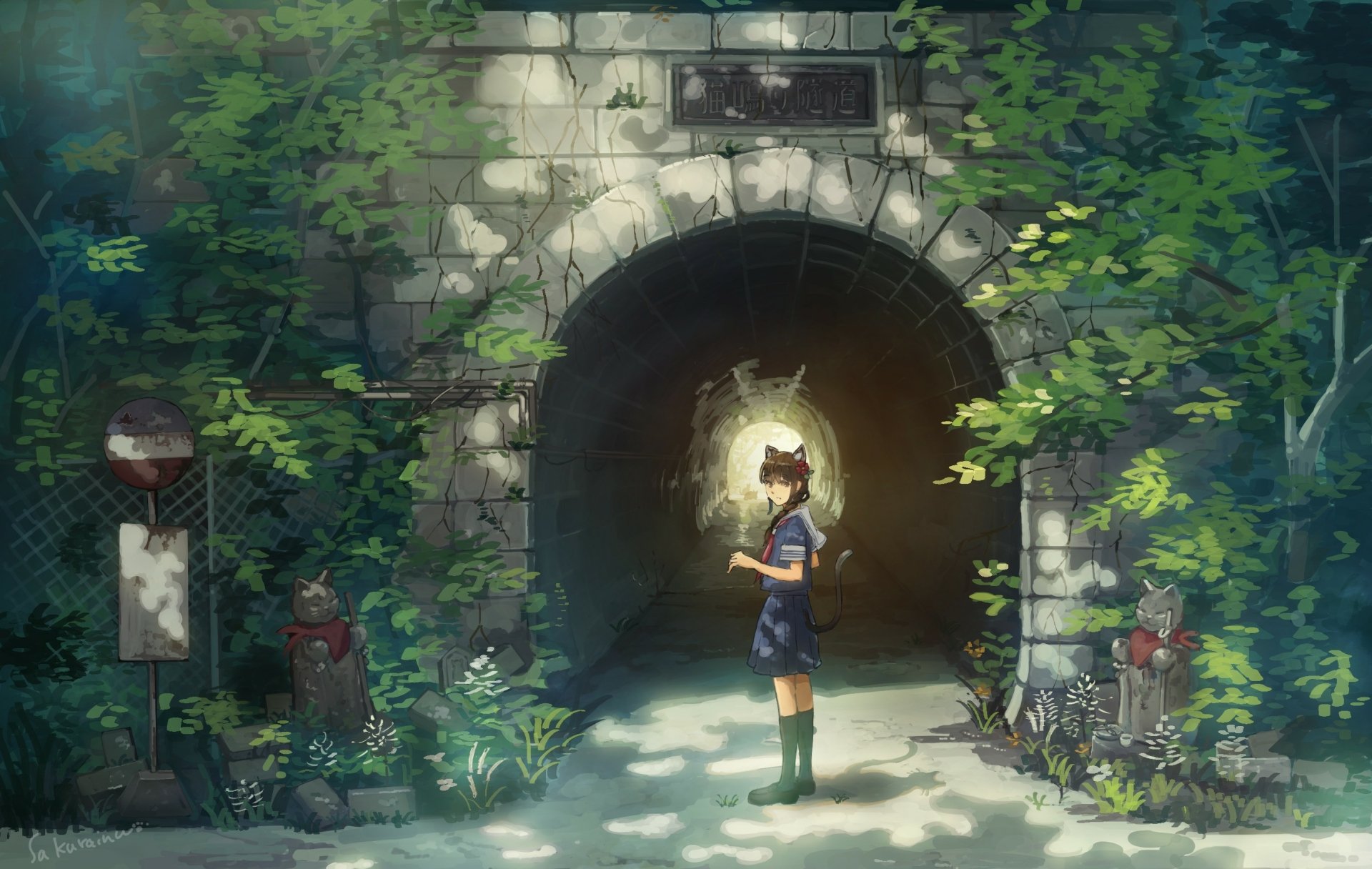 Anime-style original HD desktop wallpaper featuring a girl standing in front of a sunlit, overgrown tunnel entrance surrounded by lush greenery and stone structures.
