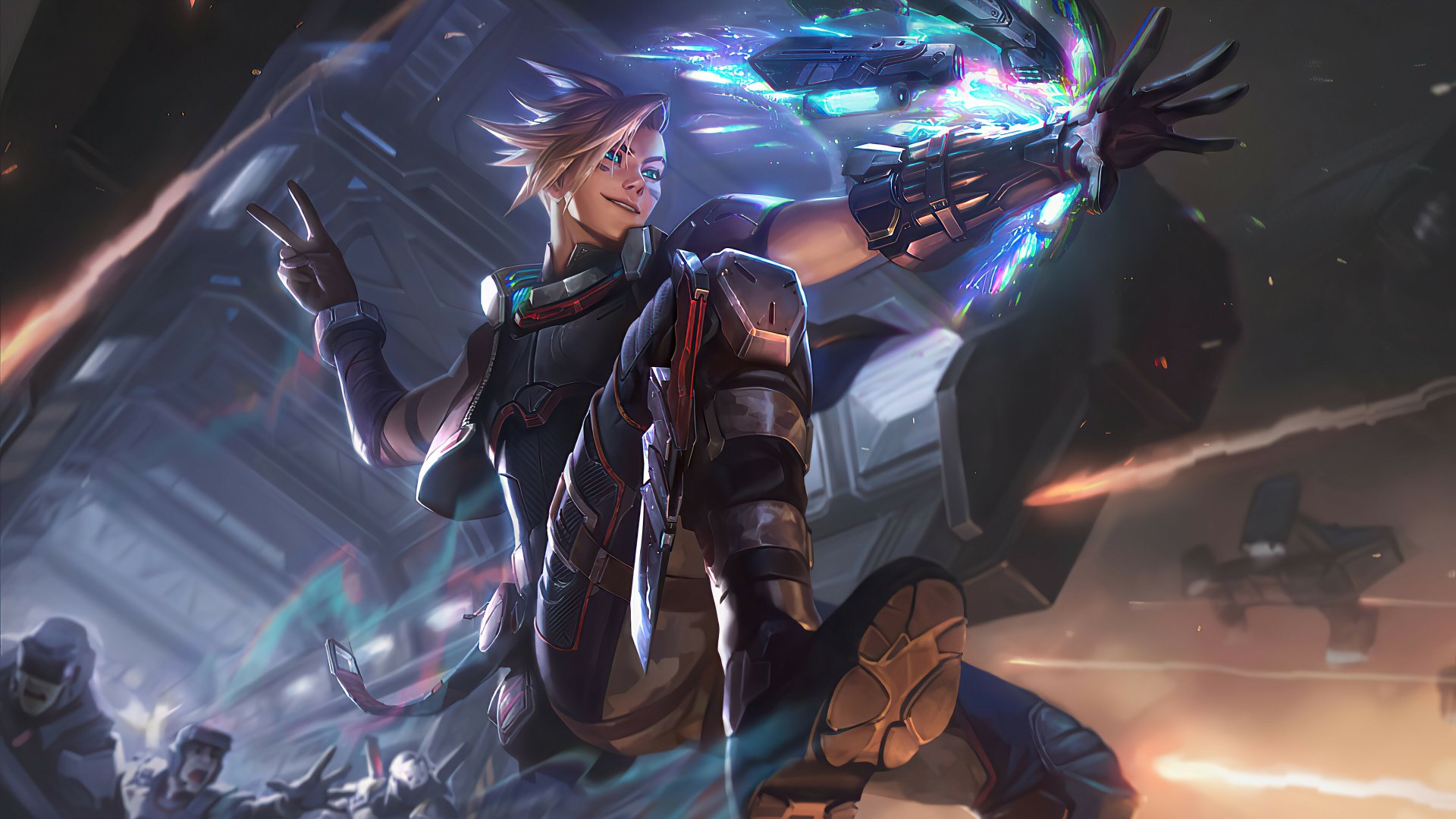 Ezreal (League of Legends) mid‑leap, gauntlet unleashing blue energy arcs over a sci‑fi battlefield — 4K Ultra HD PC desktop wallpaper/background, video game League of Legends.
