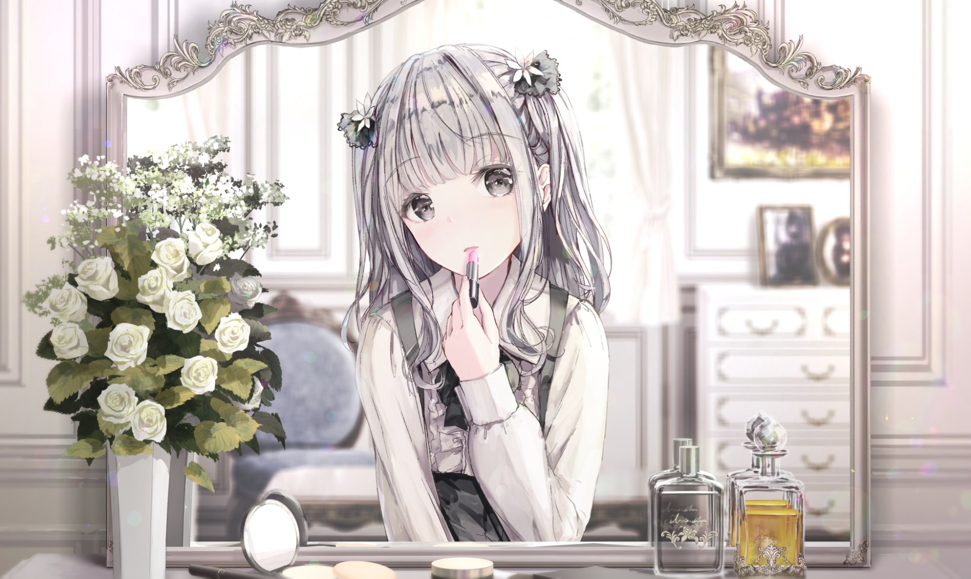 Anime-style original character with white hair and grey eyes, sitting before an ornate mirror in a softly lit, elegant room, captured in HD desktop wallpaper quality.