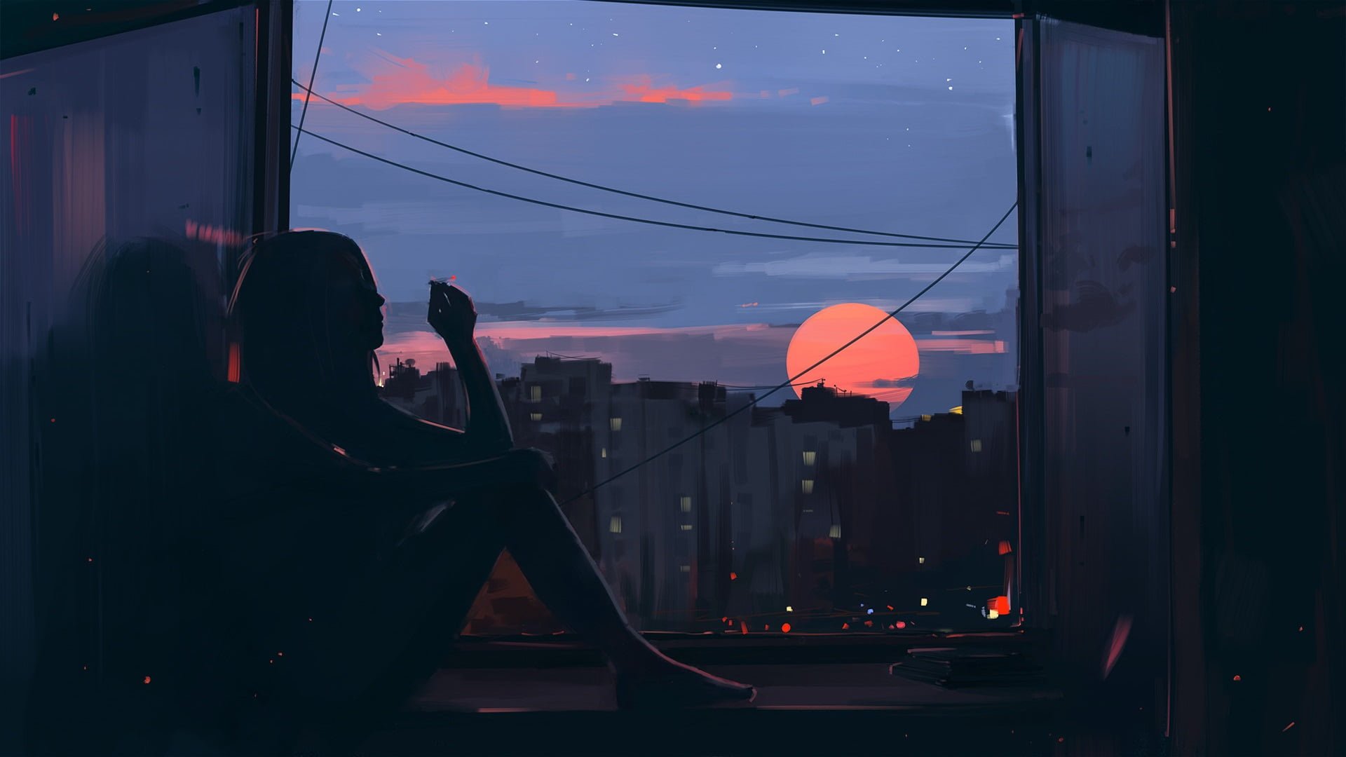 Artistic HD PC wallpaper showing a woman sitting by a window at night, gazing at a large orange moon over a city skyline.