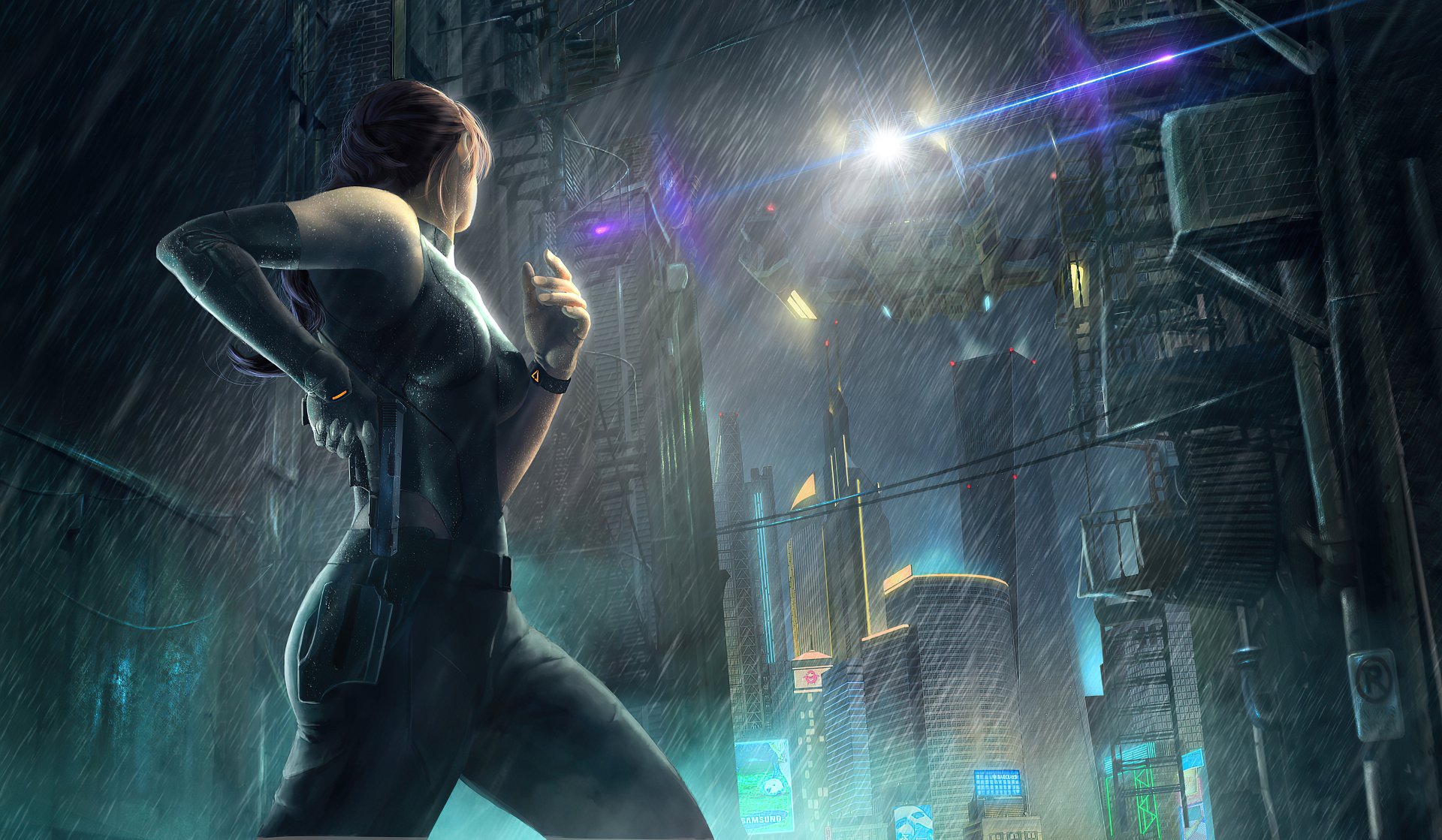 4K Ultra HD PC desktop wallpaper: a woman warrior stands in rain-soaked futuristic city streets, neon-lit sci‑fi skyline and towering megastructures under stormy skies.