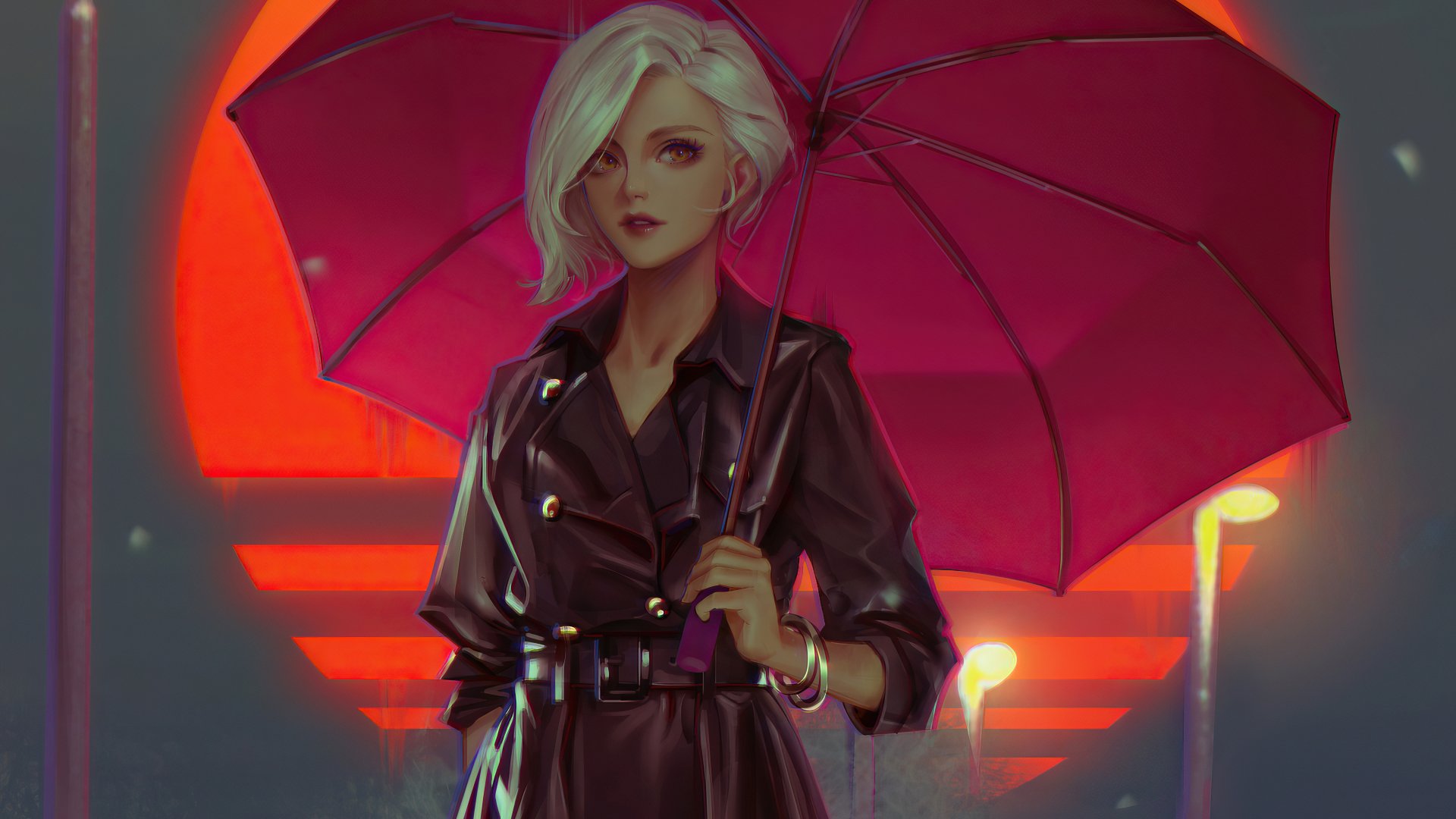 4K Ultra HD PC desktop wallpaper and background: artistic white‑haired woman in a dark coat holding a magenta umbrella against neon red geometric city lights.