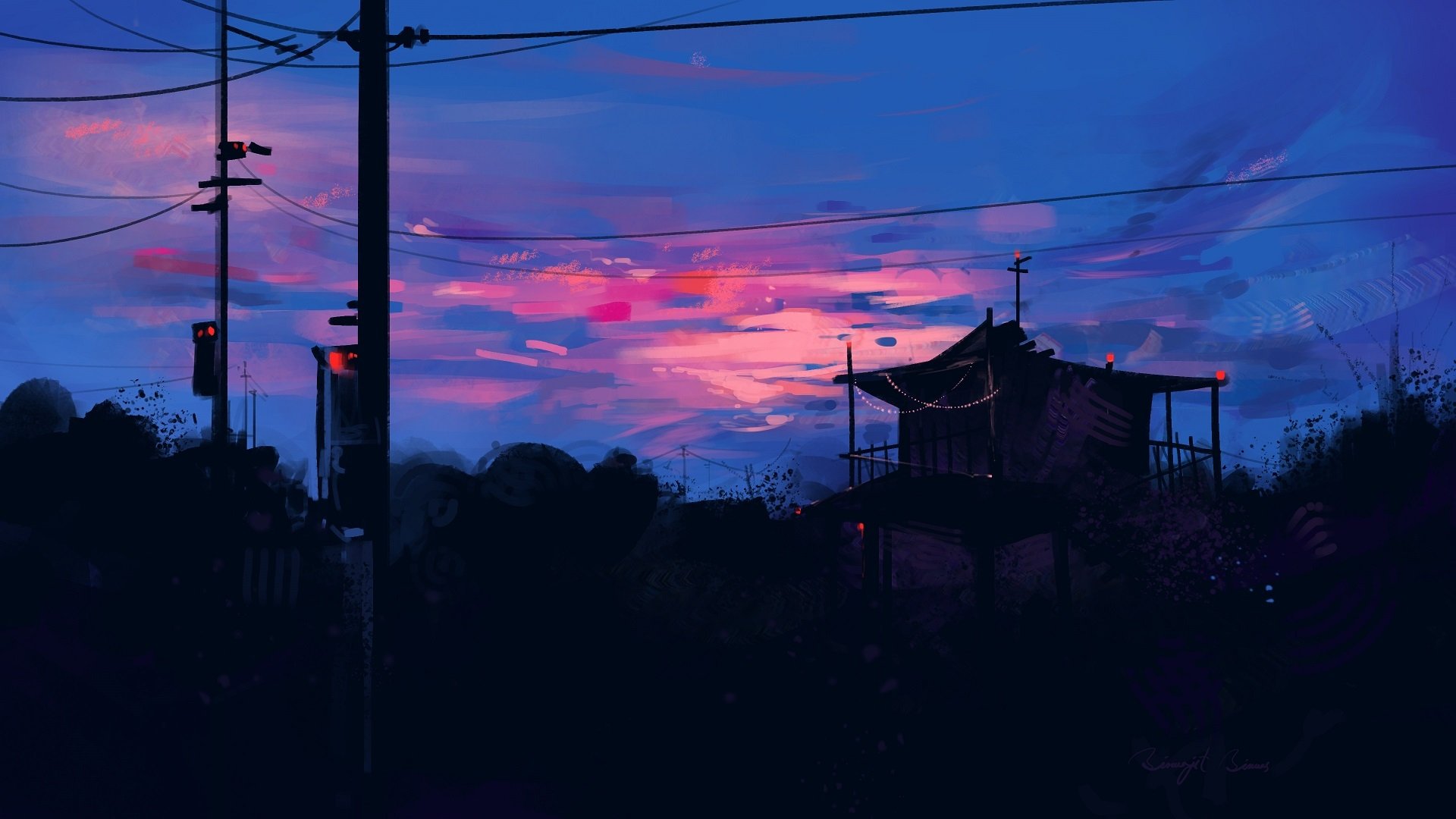 HD anime night desktop wallpaper featuring a serene twilight sky with purple and pink hues, silhouetted structures, and power lines in an original anime-style scene.
