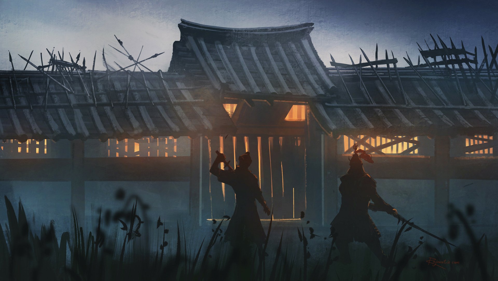 Anime samurai duel silhouettes before a lit wooden gate of a feudal kingdom at dusk — 2K Quad HD PC desktop wallpaper background, moody cinematic artwork.