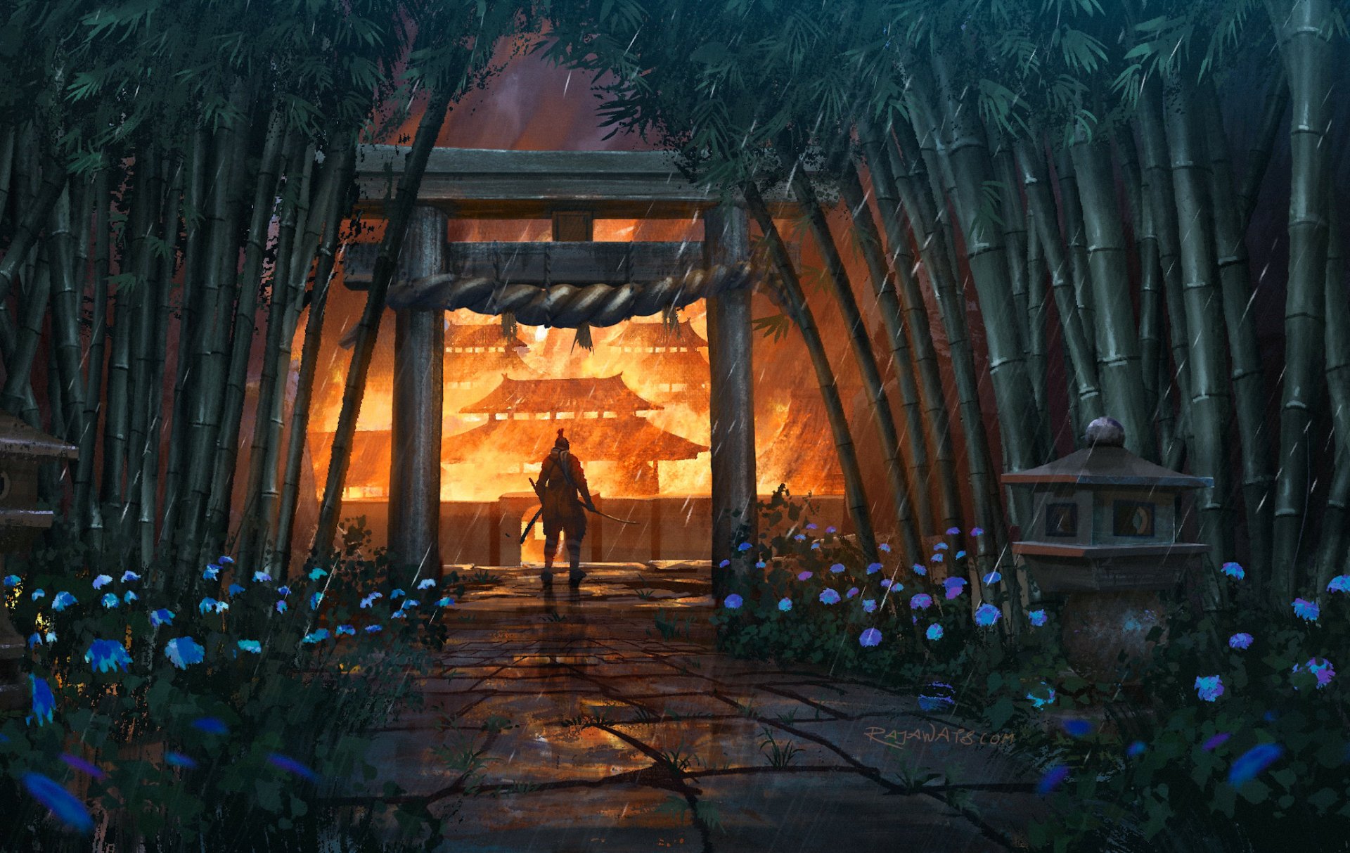 A character stands before a glowing torii gate, framed by bamboo and blue flowers, set against a fiery backdrop, capturing a moment from Sekiro: Shadows Die Twice.