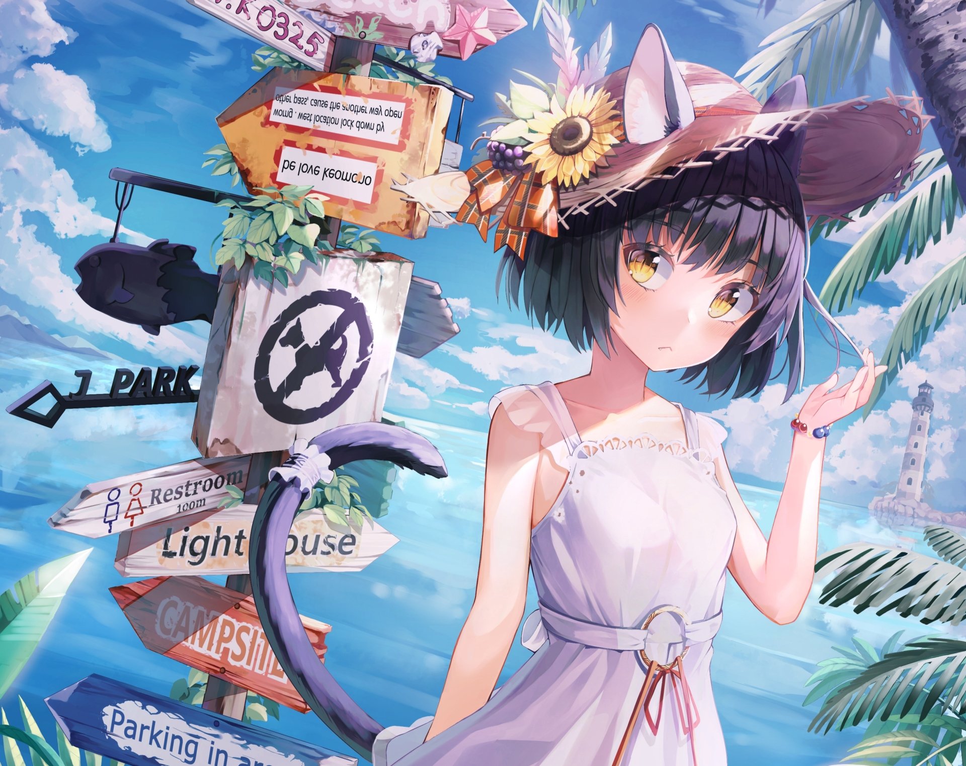 Anime original 2K Quad HD PC desktop wallpaper: black‑haired girl with animal ears and yellow eyes wearing a sunflower hat by the sea beside weathered signposts.