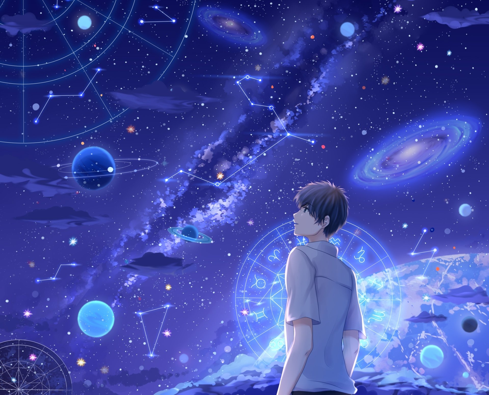 Anime-style HD desktop wallpaper featuring a young person gazing at a detailed starry sky with the Milky Way, planets, and galaxy constellations in a cosmic scene.