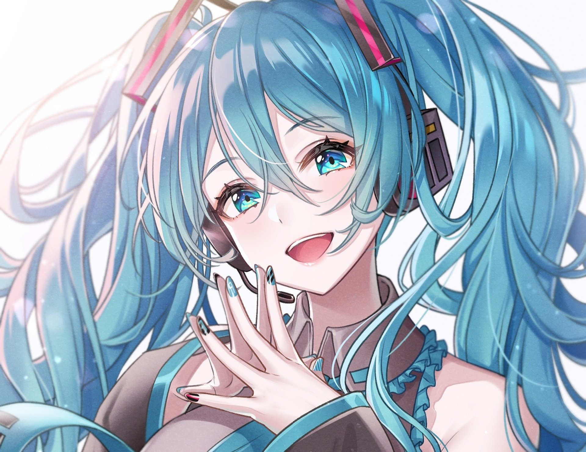 Hatsune Miku, anime Vocaloid with turquoise twin-tails and bright blue eyes, wearing headphones and smiling — HD PC desktop wallpaper.