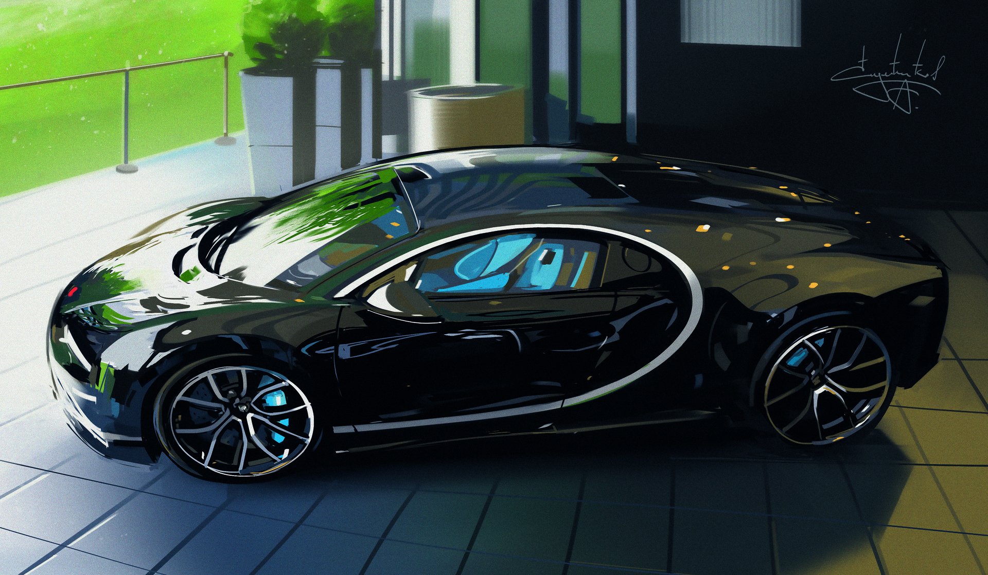 HD PC desktop wallpaper and background: glossy black vehicle — Bugatti Chiron parked on a sunlit tiled terrace, blue-accented wheels and reflective body against modern architecture.