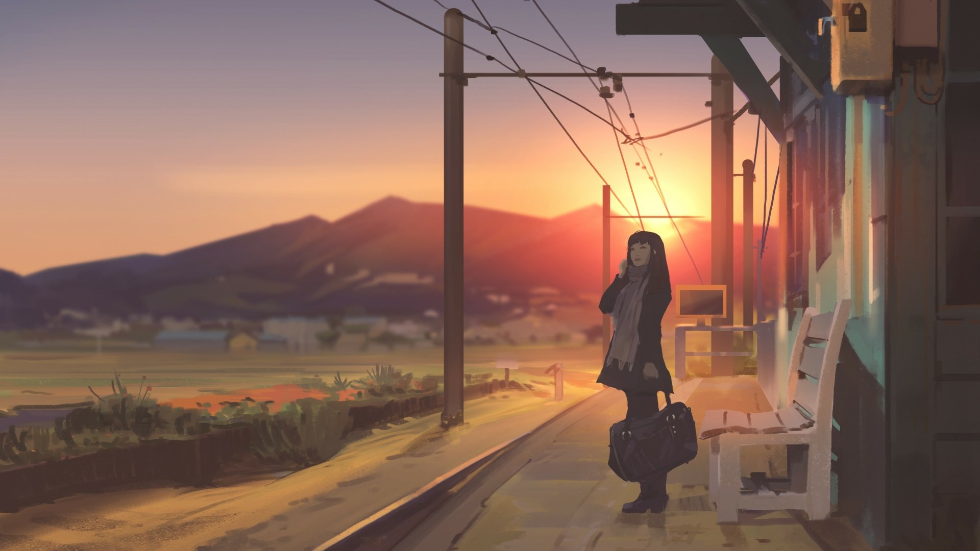 Original anime 4K Ultra HD PC desktop wallpaper: lone traveler at a rural train station at sunset, warm orange sky and distant mountains — anime sunset scene.