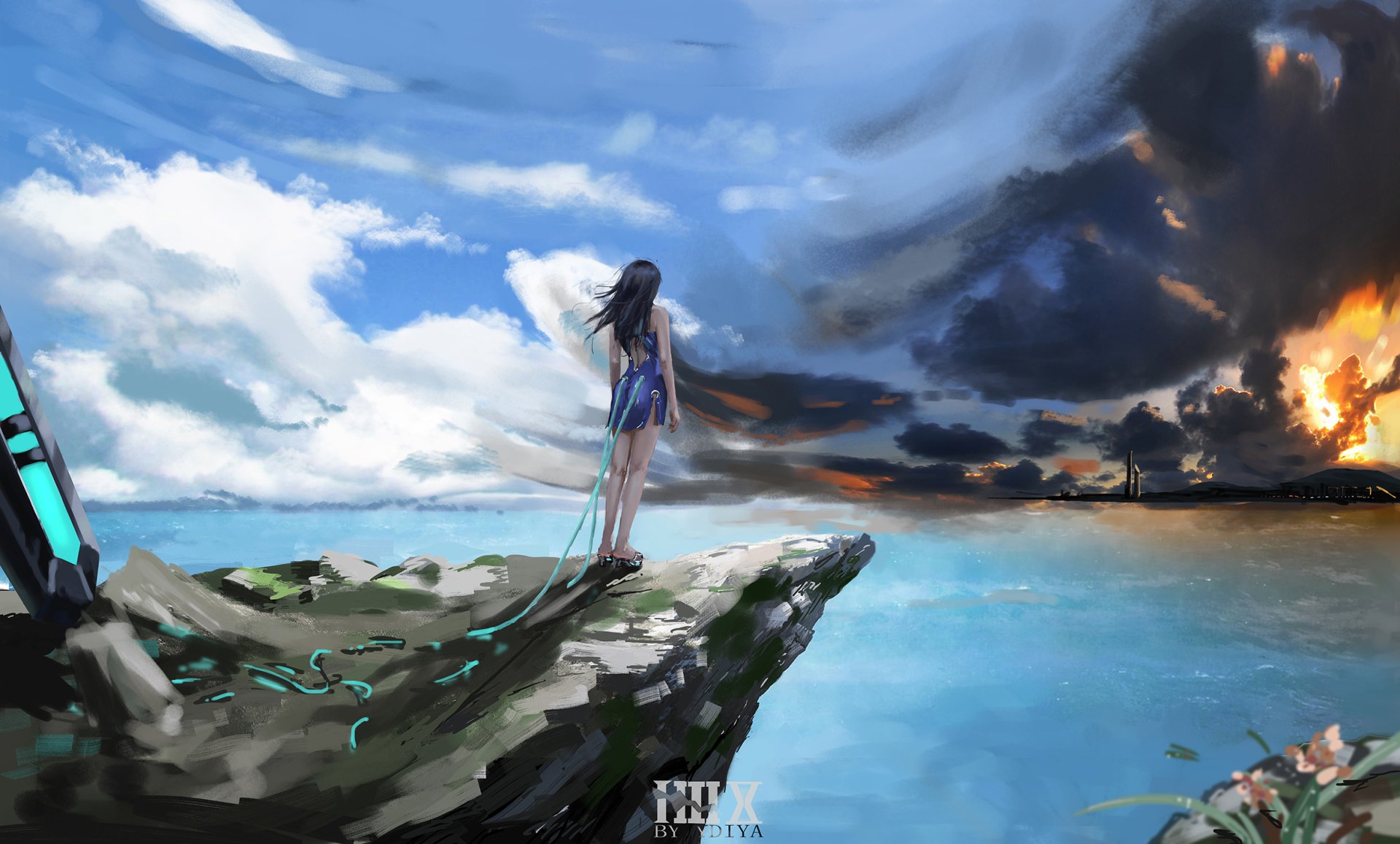 HD fantasy desktop wallpaper depicting a woman standing on a rocky cliff overlooking the sea, with a dramatic sky of blue clouds and distant fiery smoke.