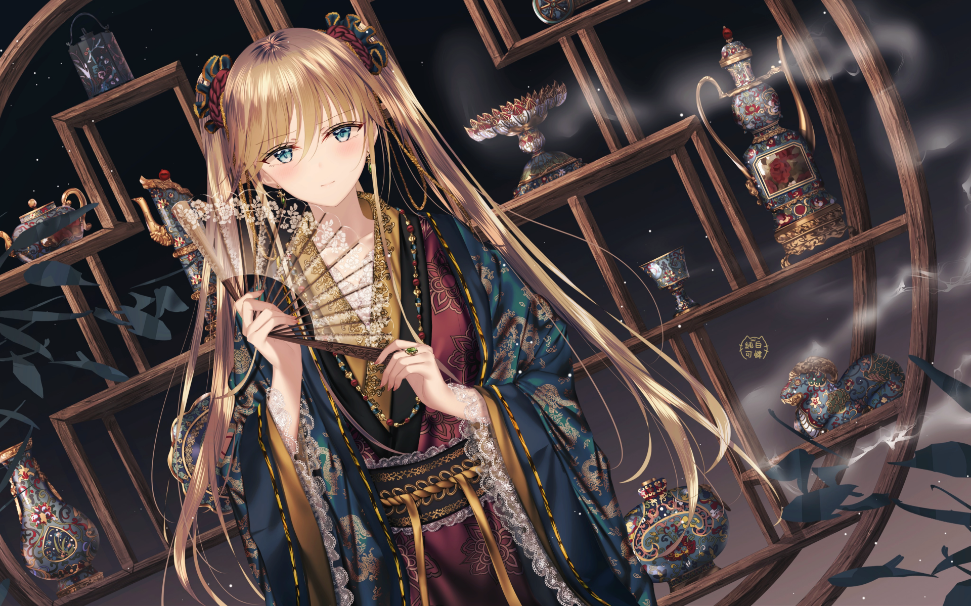4K Ultra HD anime-style wallpaper featuring an original character with long hair holding a decorative fan, surrounded by intricate shelves and ornate objects.