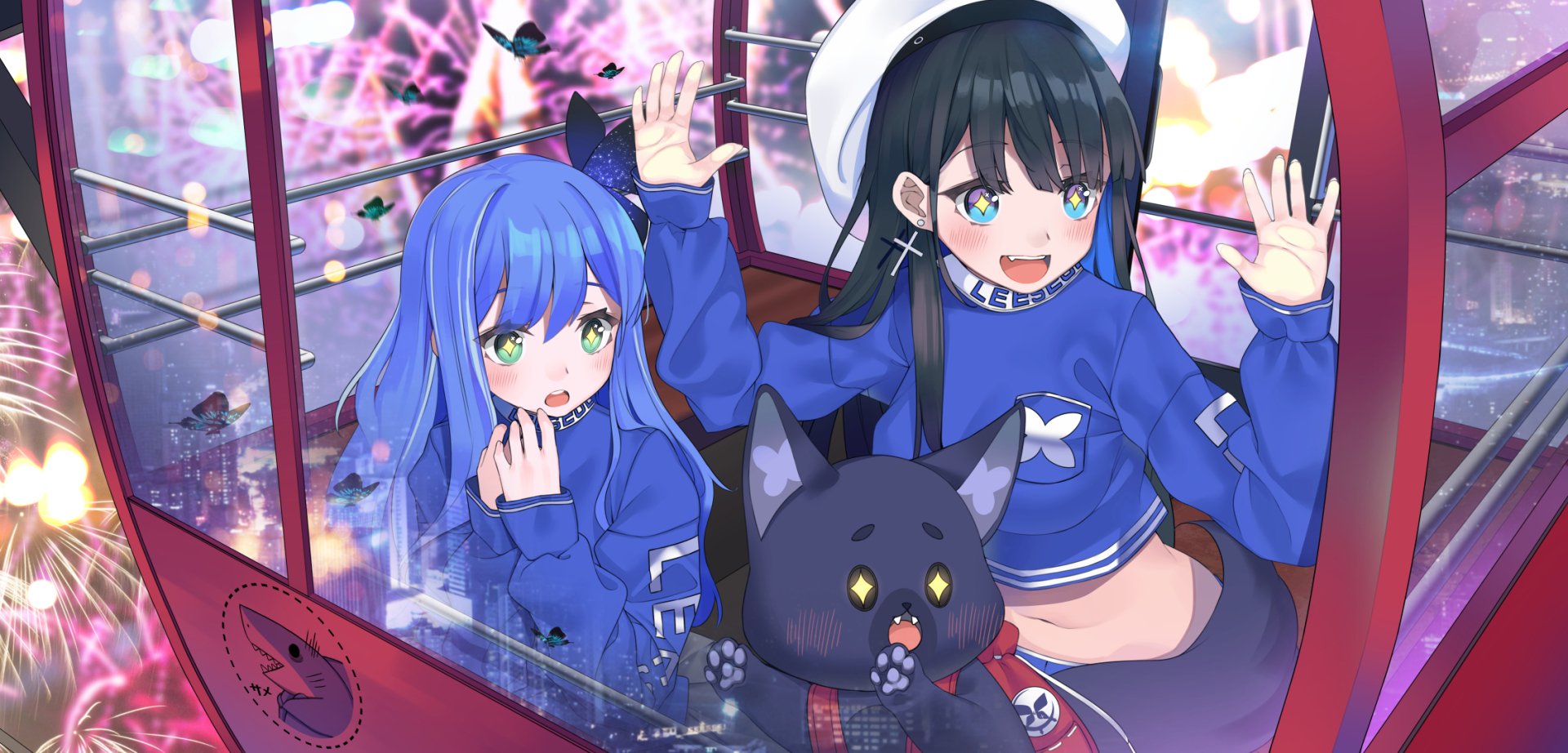 Anime original HD PC desktop wallpaper: two girls in blue outfits — black-haired with a white beret and a long blue-haired companion — plus a dark cat plush inside a neon-lit ferris-wheel cabin.