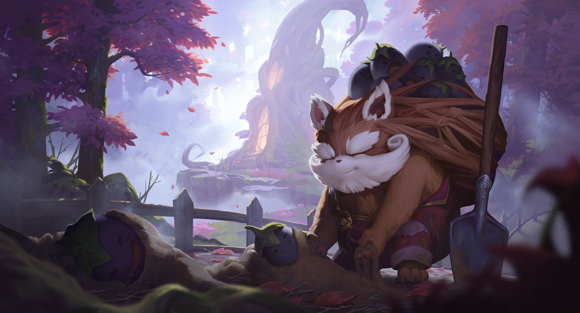 HD PC desktop wallpaper and background from the video game Legends of Runeterra: a gentle, armored forest beast with a curled white mustache carrying gear through a misty, purple-leafed glade.