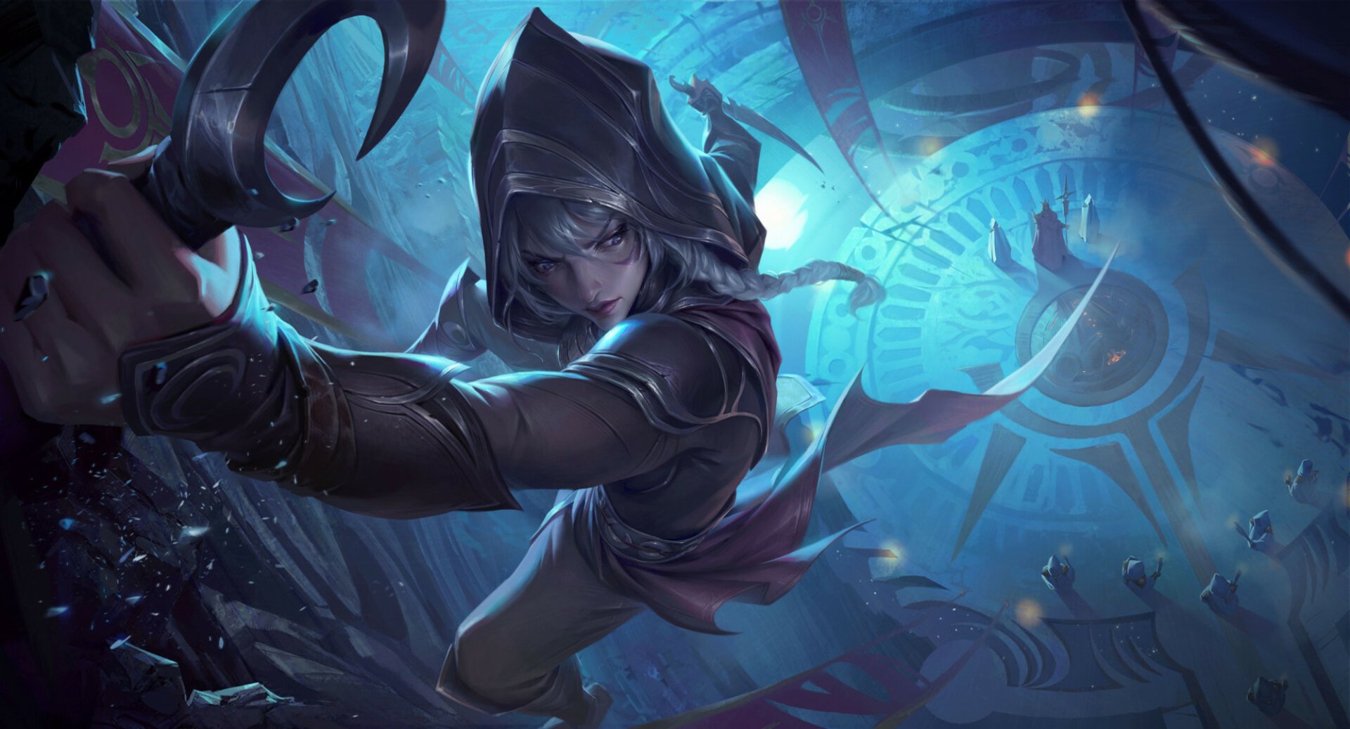 HD PC desktop wallpaper featuring a dynamic character from the video game Legends of Runeterra, captured in action with a glowing blue mystical background.