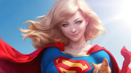 Digital artwork of Supergirl with blonde hair and blue eyes, wearing her classic blue and red costume with the iconic S emblem, rendered in 4K Ultra HD quality.
